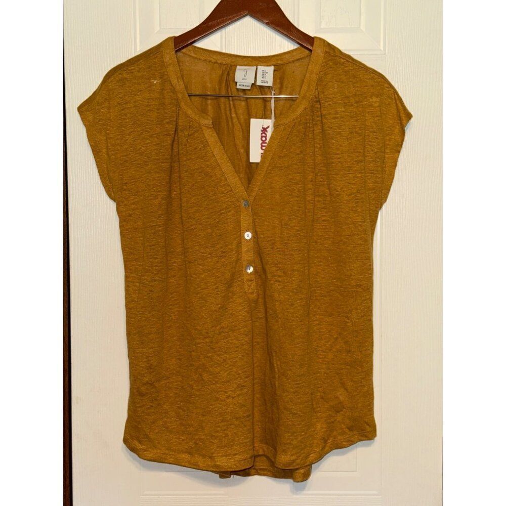 NWT Joie 100% Linen 3 Button V-Neck Mustard Cap Sleeve Yellow Top Size Small